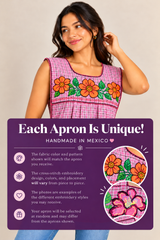 Model wearing a pink Mexican apron with an informational graphic explaining that floral embroidery designs, colors, and placement vary from piece to piece.