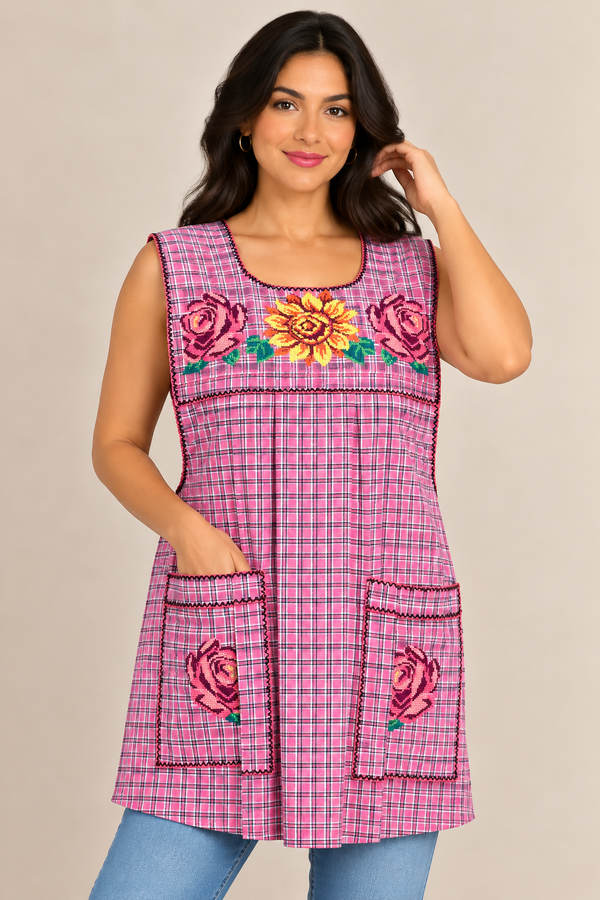 Model wearing a pink plaid Mexican apron with colorful floral cross-stitch embroidery, two front pockets, and decorative trim.