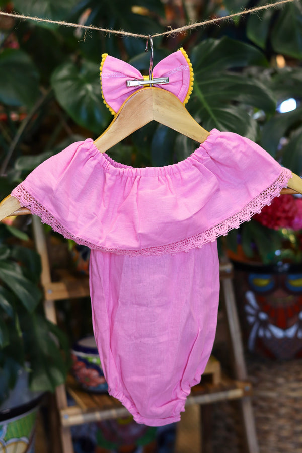 Handmade Mexican Embroidered Sunflower Baby Onesie – Pink