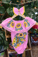 Handmade Mexican Embroidered Sunflower Baby Onesie – Pink