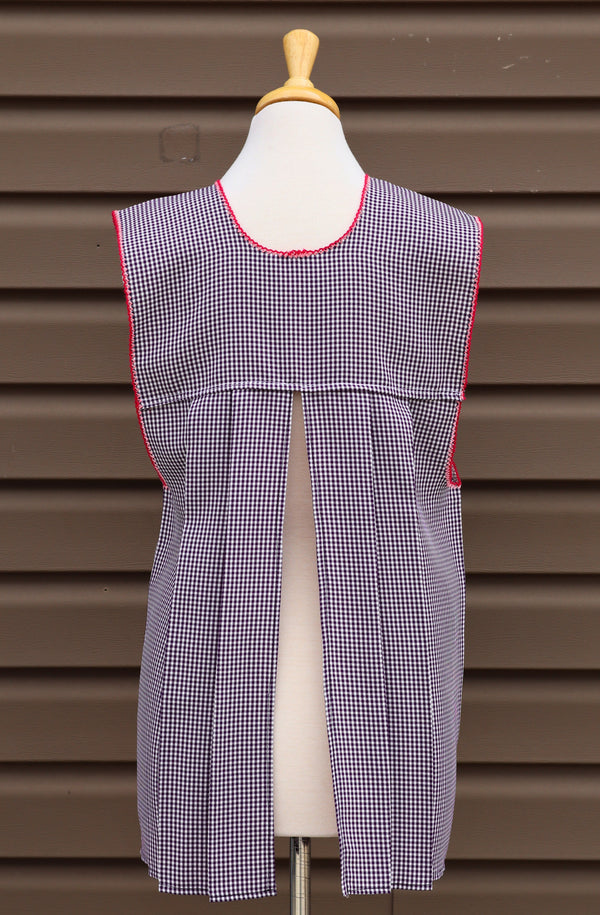 Back view of purple gingham Mexican apron showing the open-back design