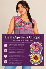 Handmade Mexican cross-stitch apron with informational graphic explaining that embroidery designs, colors, and placement vary, making each apron unique.