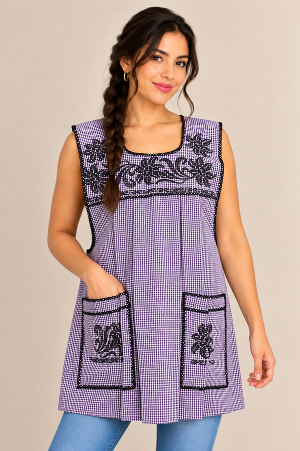Model wearing a purple gingham Mexican apron with black floral cross-stitch embroidery, two front pockets, and a side braid.