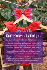 A red baby bodysuit with colorful floral embroidery, hanging on a wooden hanger with a matching white bow headband. The background features lush green houseplant leaves, and a large purple text box overlays the lower half with information about customization.