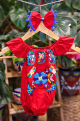 Handmade Mexican Embroidered Floral Baby Onesie – Red