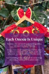 A red baby bodysuit with sunflower embroidery, hanging on a wooden hanger with a matching white bow headband. The background features lush green houseplant leaves, and a large purple text box overlays the lower half with information about customization.