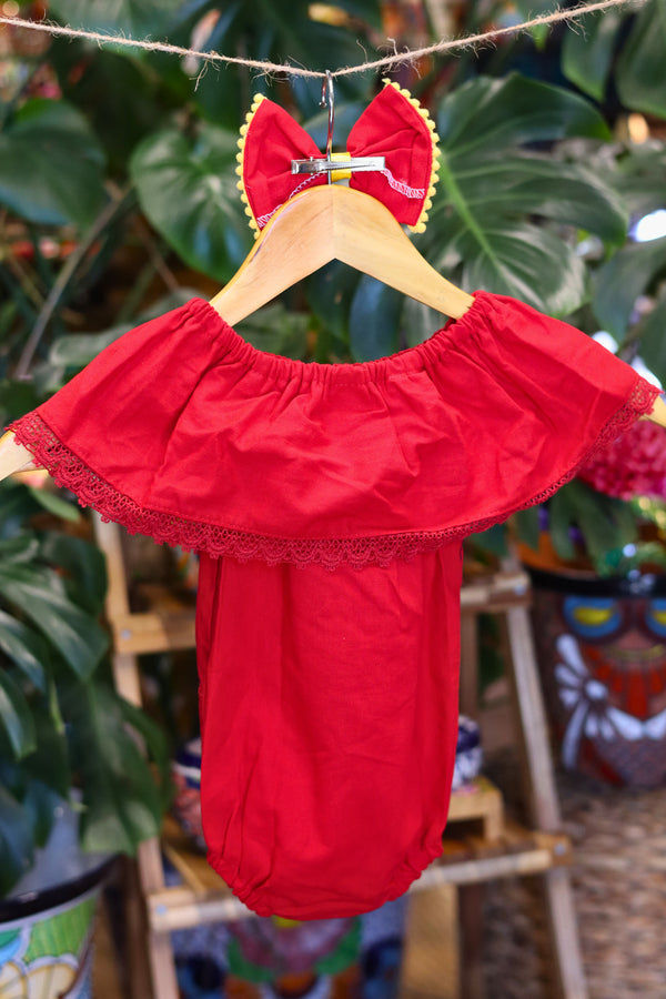 Handmade Mexican Embroidered Sunflower Baby Onesie – Red