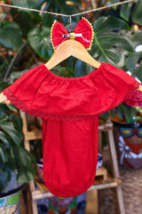 Handmade Mexican Embroidered Sunflower Baby Onesie – Red
