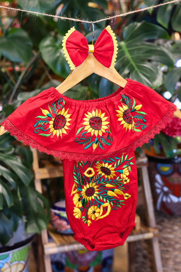 Handmade Mexican Embroidered Sunflower Baby Onesie – Red