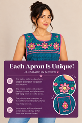 Model wearing a teal blue Mexican apron with an informational graphic explaining that cross-stitch embroidery designs, colors, and placement vary between handmade pieces.