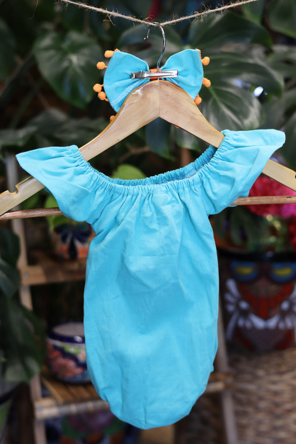 Handmade Mexican Embroidered Floral Baby Onesie – Turquoise
