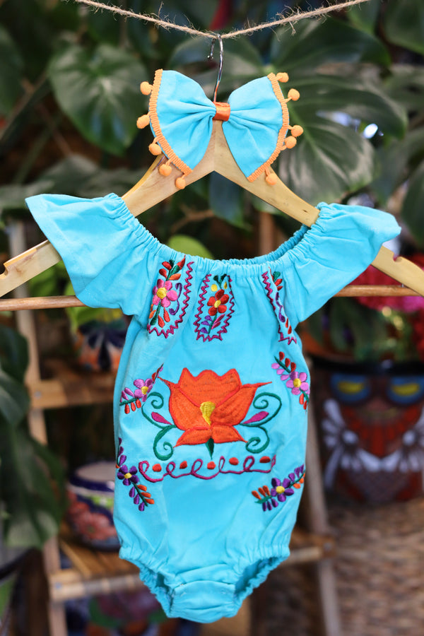 Handmade Mexican Embroidered Floral Baby Onesie – Turquoise