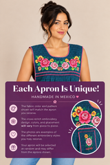 Handmade Mexican cross-stitch apron with a disclaimer explaining that embroidery designs, colors, and placement vary, making each apron unique.