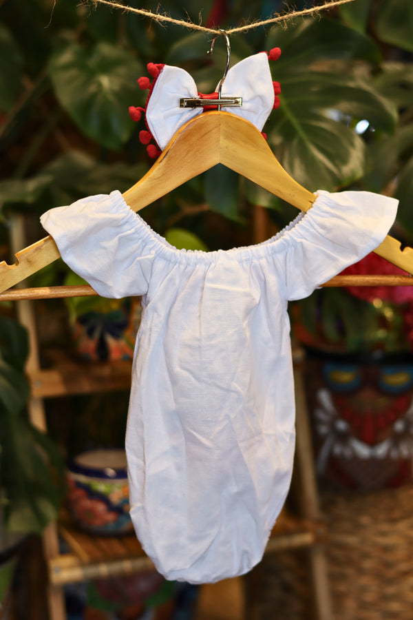 Handmade Mexican Embroidered Floral Baby Onesie – White