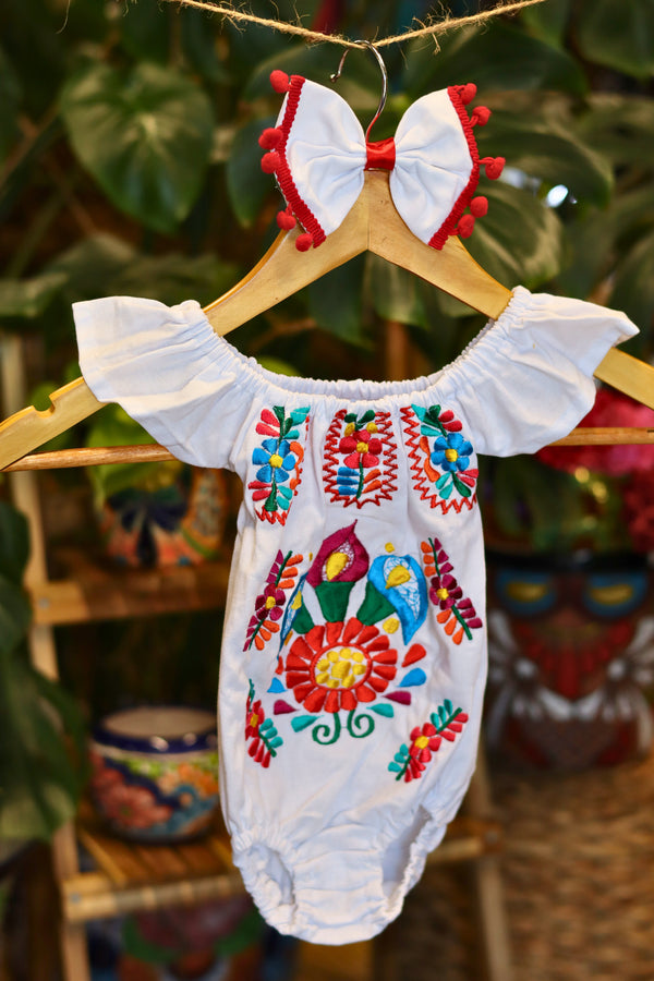 Handmade Mexican Embroidered Floral Baby Onesie – White
