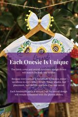 A white baby bodysuit with sunflower embroidery, hanging on a wooden hanger with a matching white bow headband. The background features lush green houseplant leaves, and a large purple text box overlays the lower half with information about customization.
