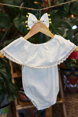 Handmade Mexican Embroidered Sunflower Baby Onesie – White