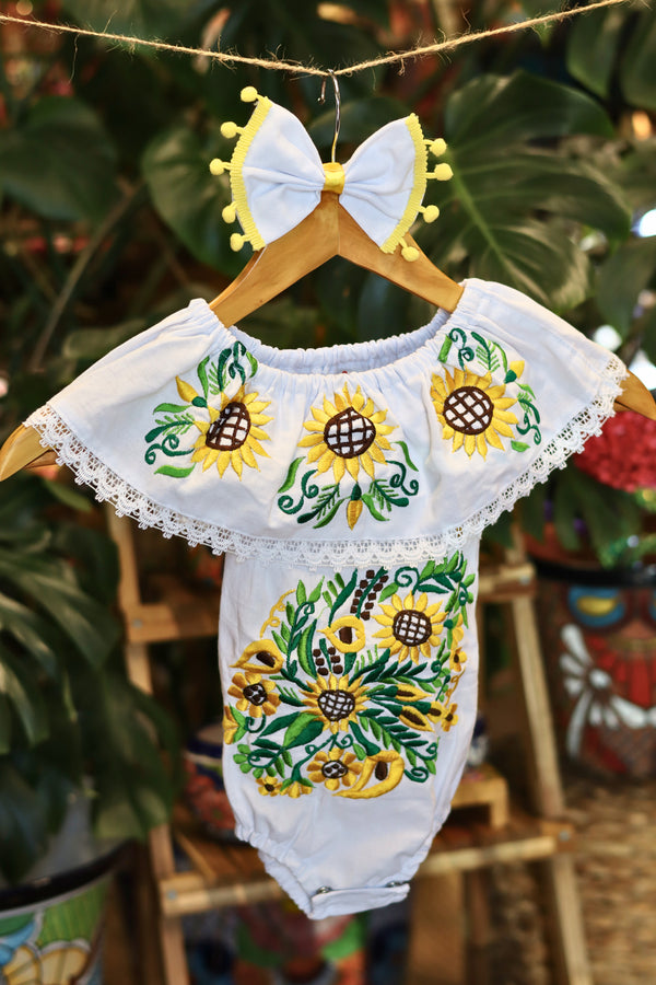 Handmade Mexican Embroidered Sunflower Baby Onesie – White
