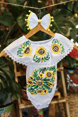 Handmade Mexican Embroidered Sunflower Baby Onesie – White