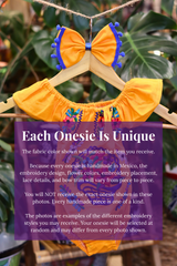 A yellow baby bodysuit with colorful floral embroidery, hanging on a wooden hanger with a matching white bow headband. The background features lush green houseplant leaves, and a large purple text box overlays the lower half with information about customization.