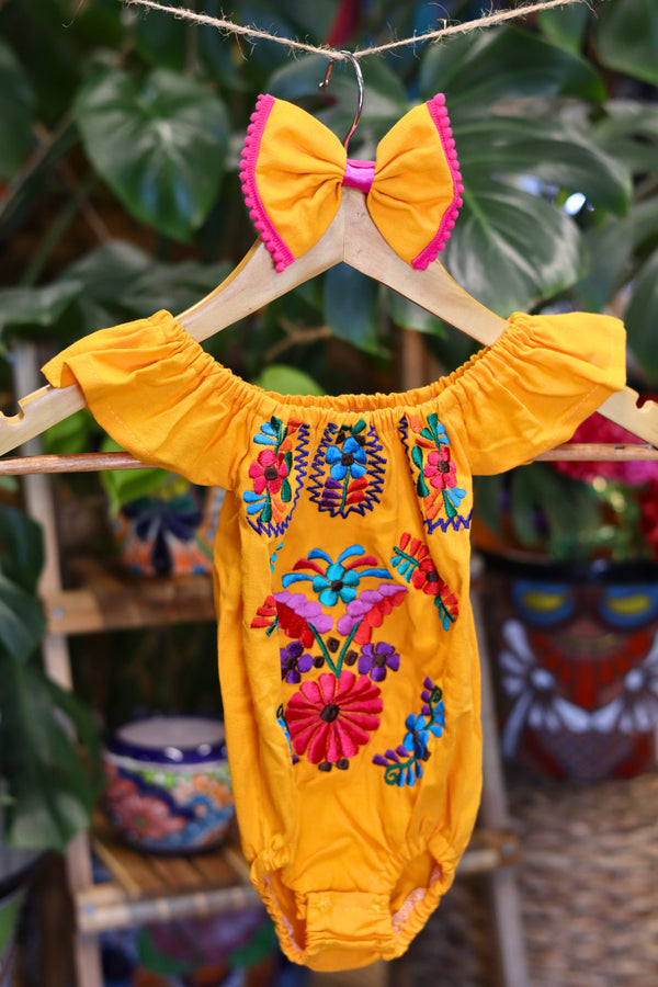 Handmade Mexican Embroidered Floral Baby Onesie – Yellow